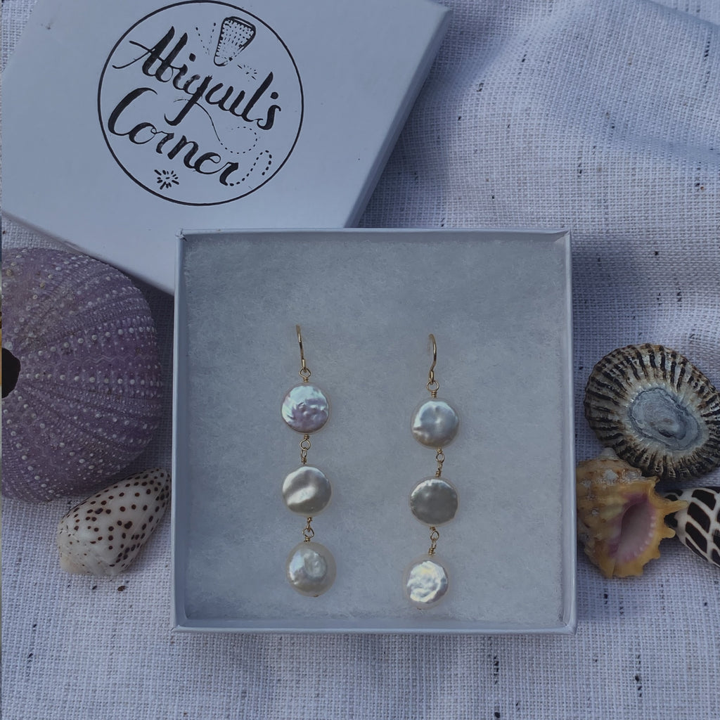 Tri Coin Pearl Earrings - Long - La Perouse Collection