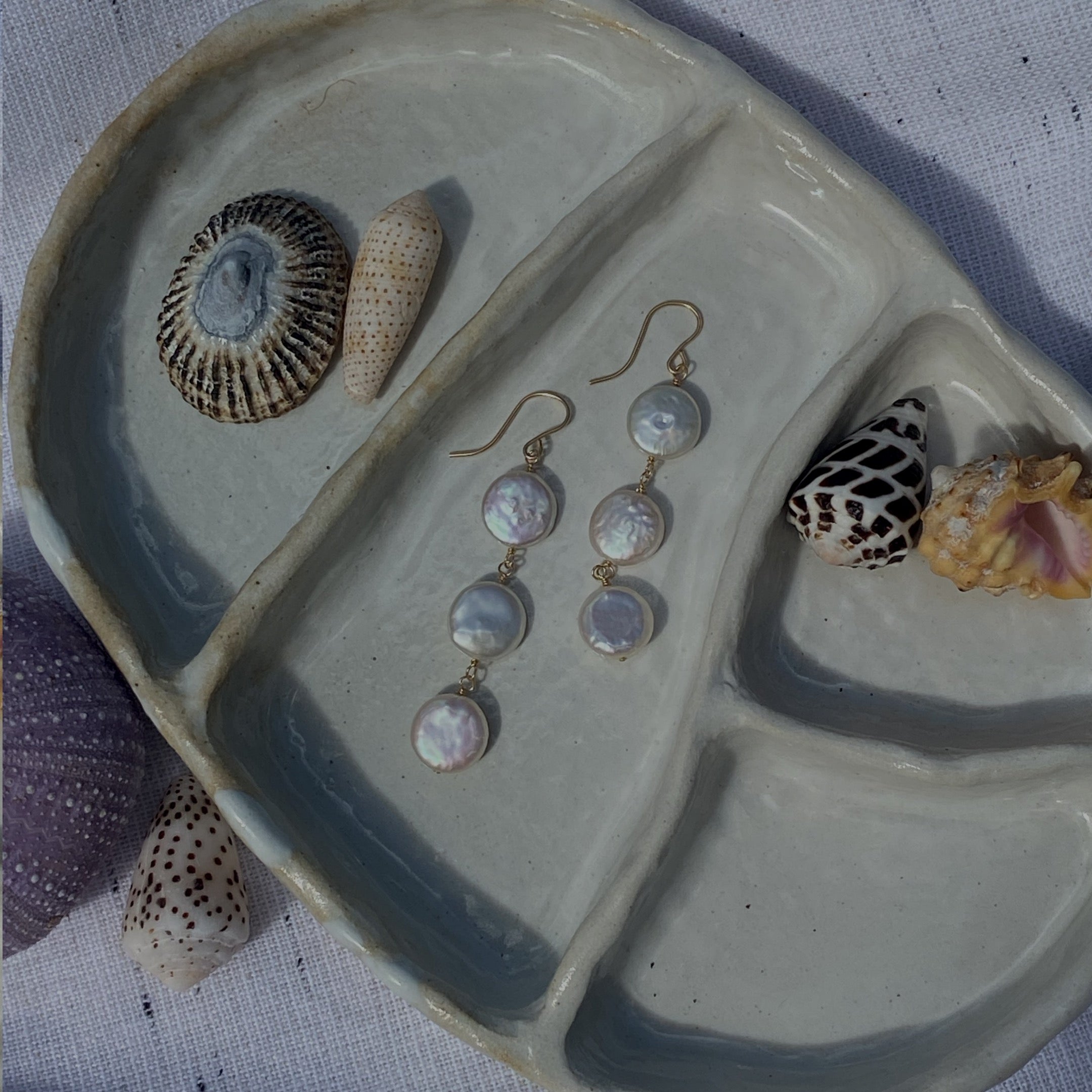 Tri Coin Pearl Earrings - Long - La Perouse Collection