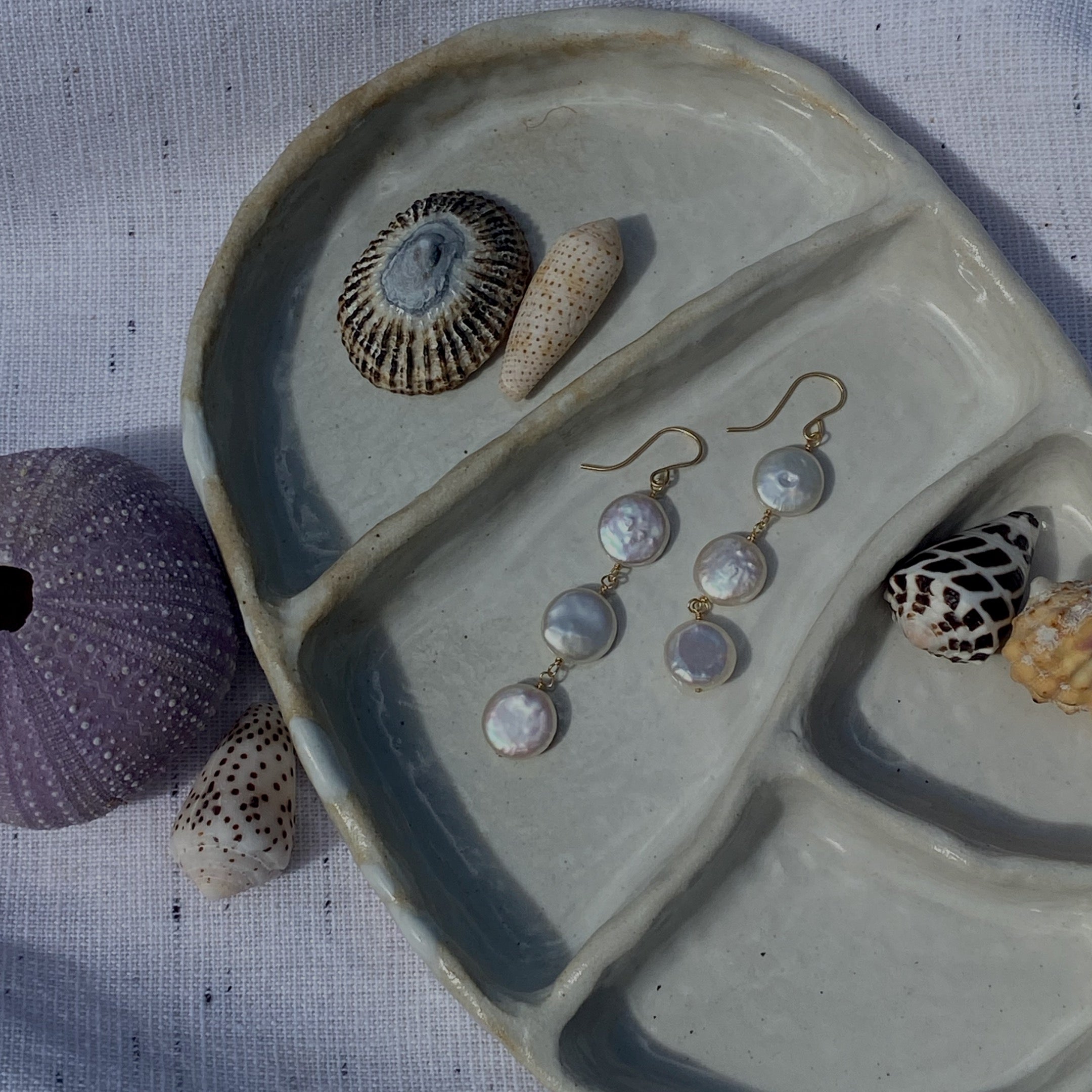 Tri Coin Pearl Earrings - Long - La Perouse Collection