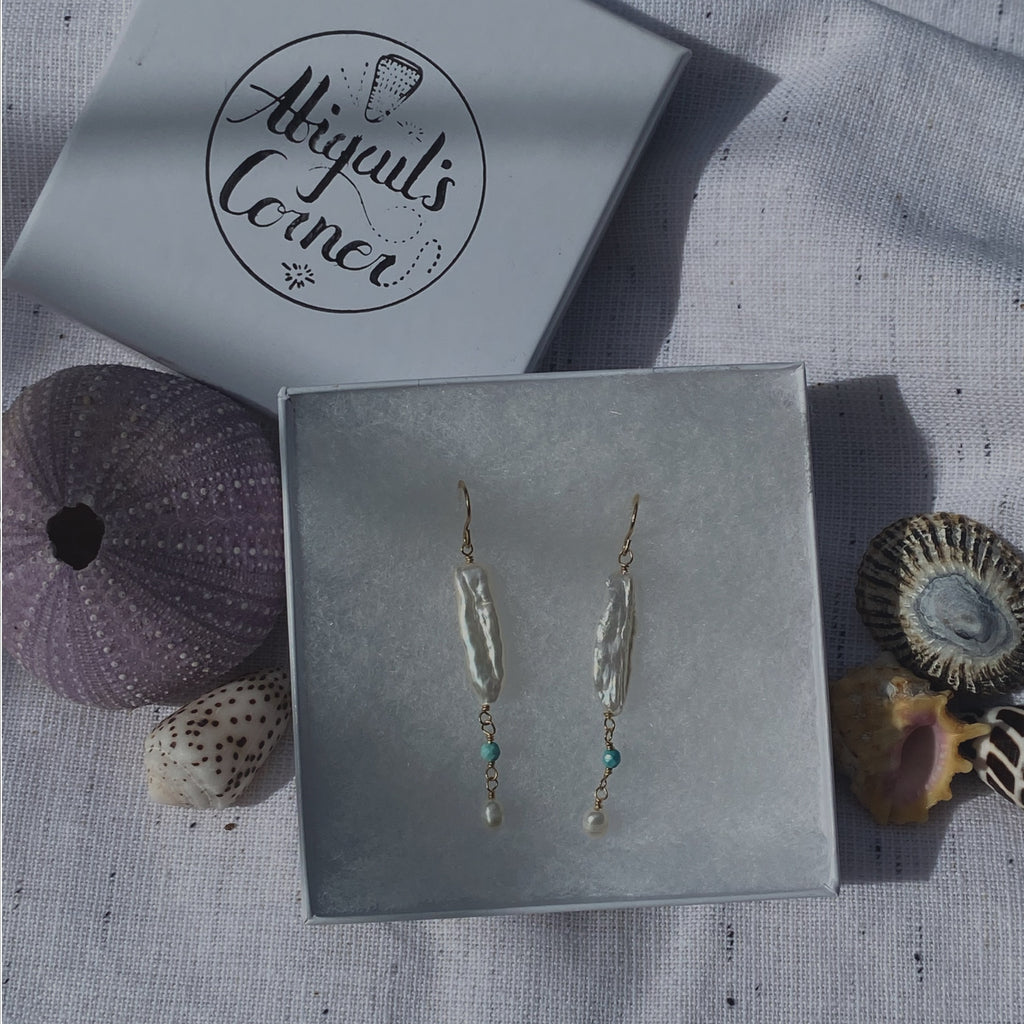 Biwa pearl & turquoise earring - long - La Parouse Collection
