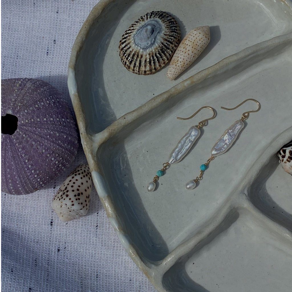 Biwa pearl & turquoise earring - long - La Parouse Collection